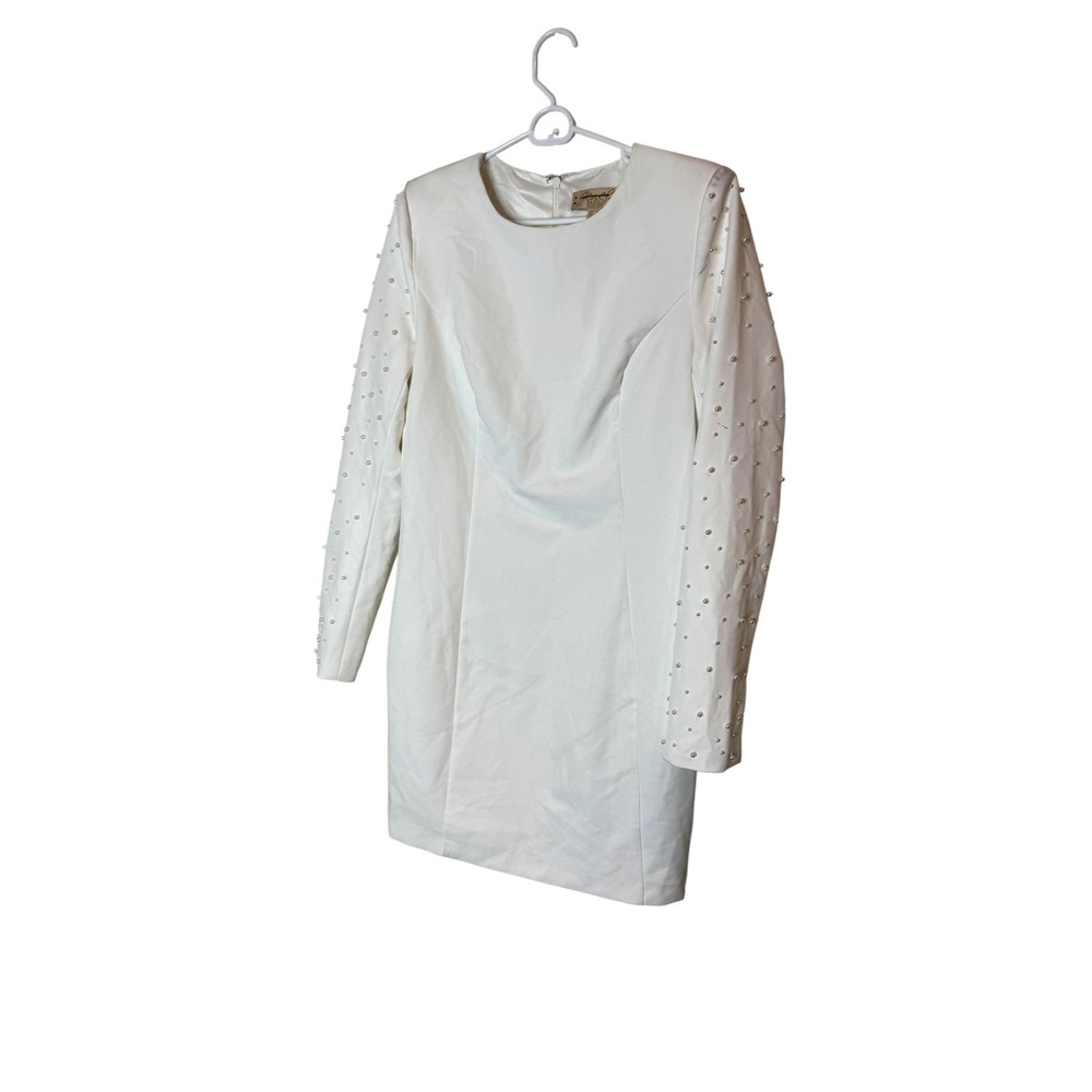 Jewel Badgley Mischka Dress Womens 12 White Pearl Sleeve Sheath Mini Party